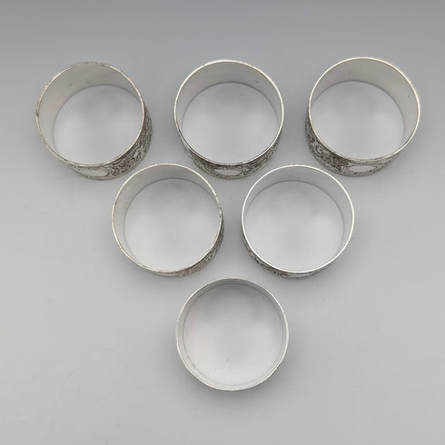 Antique British silver plate napkin rings, set of 6